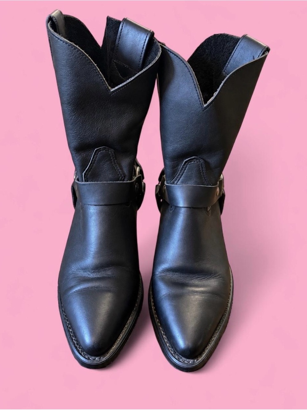 Vintage Harley-Davidson Black Leather Harness Boots Pointed Toe Size 8-8.5
